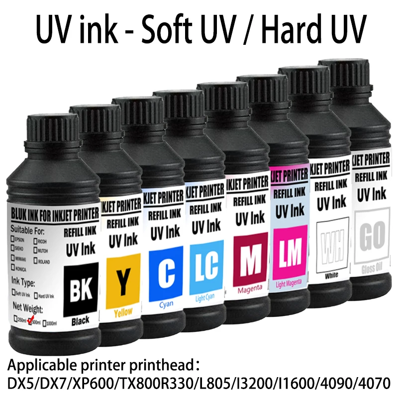 LED UV-Tinte, Harttinte, Softtinte für Epson L800 L805 L1800 R290 R330 1390 1400 1410 1500W UV-Drucker, UV-Lacktinte, 500ml Flasche Image