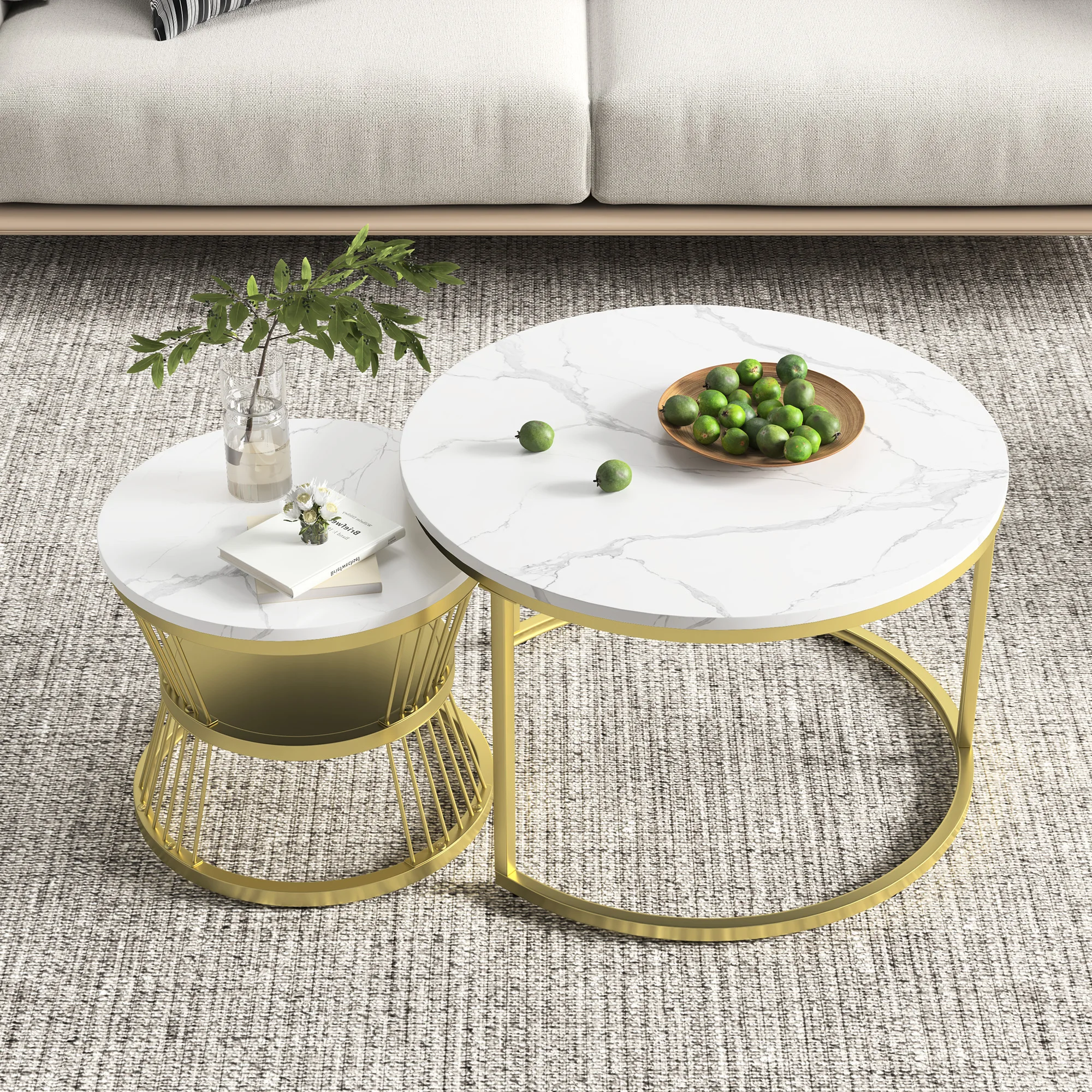 Rosahqnda 2er-Set Tische, moderne runde Couchtische mit Stauraum, Sofa-Beistelltische, Wohnzimmermöbel Image