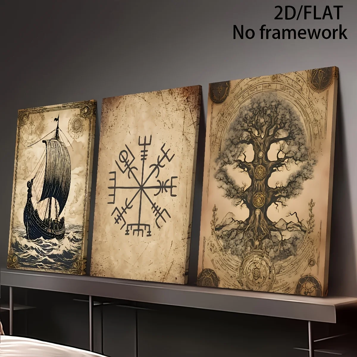 2D Flat 2D/FLAT 3-teiliges Vintage-Dekorations-Leinwandbild mit Aufdruck, Vintage-Baum des Lebens, nordische heidnische Symbole, Wikingerschiff-Poster, A