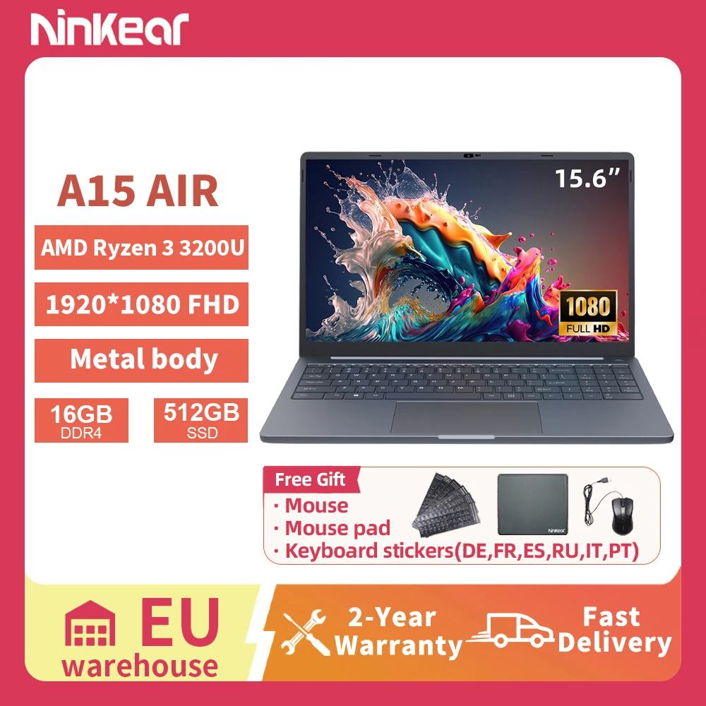 Ninkear A15 Air Laptop 15.6 Zoll FHD IPS Display AMD Ryzen 3 3200U 16GB RAM 512GB SSD 180° aufklappbar Notebook Leicht für Büro Studenten Multimedia Image