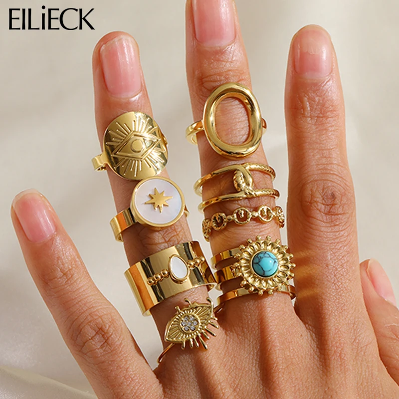 EILIECK 316L Edelstahl Gold Farbe Vintage Manschette Ringe Für Frauen Mädchen Neue Lichtecht Einstellbare Finger Ring Schmuck Geschenk Image