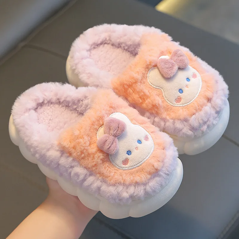 2025 Winter Kinder süße Baumwolle Hausschuhe Frozen Mädchen Schnee rutschfeste warme Baby Hausschuhe rosa blau Größe 24-41 Image