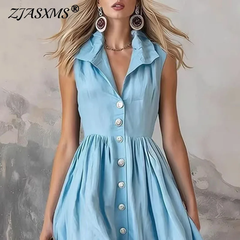 Abito lungo estivo casual senza maniche, elegante da festa, con risvolto e bottoni, plissettato, maxi, nuovo abito primaverile a tinta unita a vita alta da donna