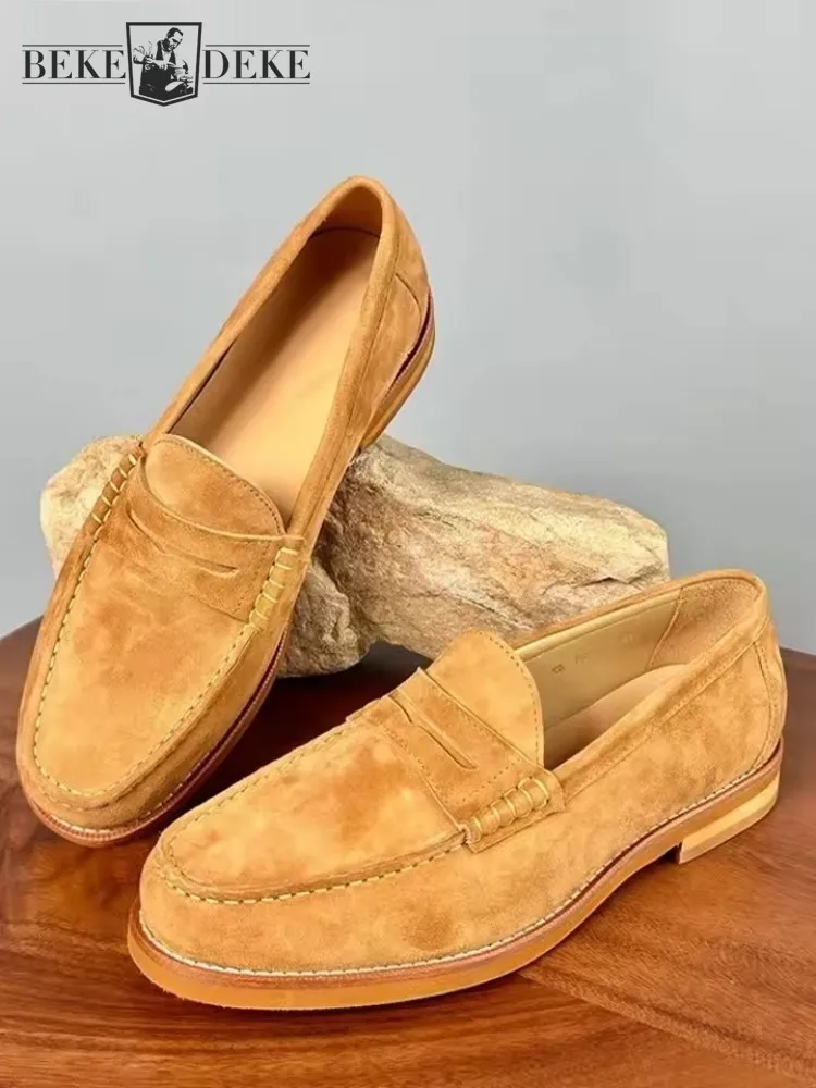Sommer Männer Business Arbeit Echtes Kuh Wildleder Leder Formale Schuhe Vintage Slip Auf Loafers Atmungsaktive Runde Kappe Hochzeit Kleid Schuhe