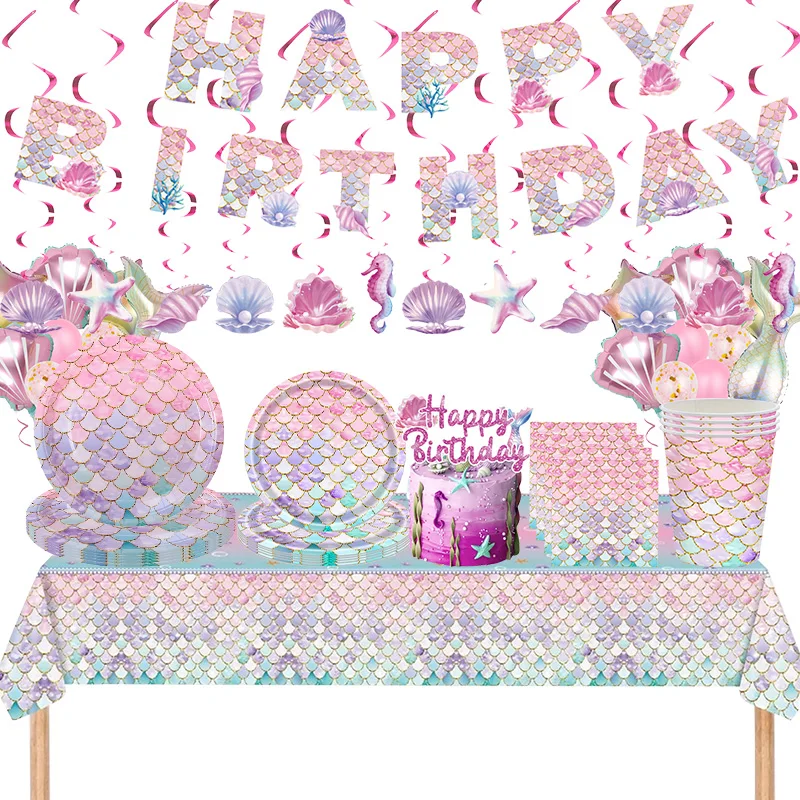 Meerjungfrau Thema Geburtstag Dekoration Geschirr Ballon Rosa Tasse Teller Serviette Tischdecke Banner Mädchen Geburtstag Party Decor Liefert Image