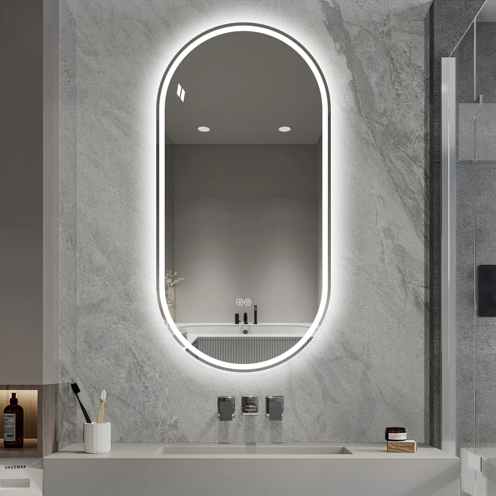 60×120cm rahmenloser ovaler intelligenter Antibeschlag-Spiegel, Touchscreen-LED-Licht, wandmontierter Kosmetikspiegel, Antibeschlag-Make-up-Badezimmerspiegel
