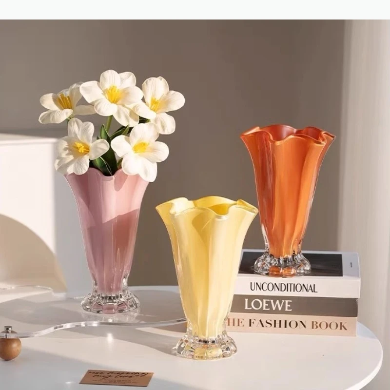 Vaso in Vetro con Bordi Ondulati, Contenitore Artistico per Fiori, Ornamento per Composizioni Floreali, Vaso Idroponico, Vasi Decorativi Artigianali