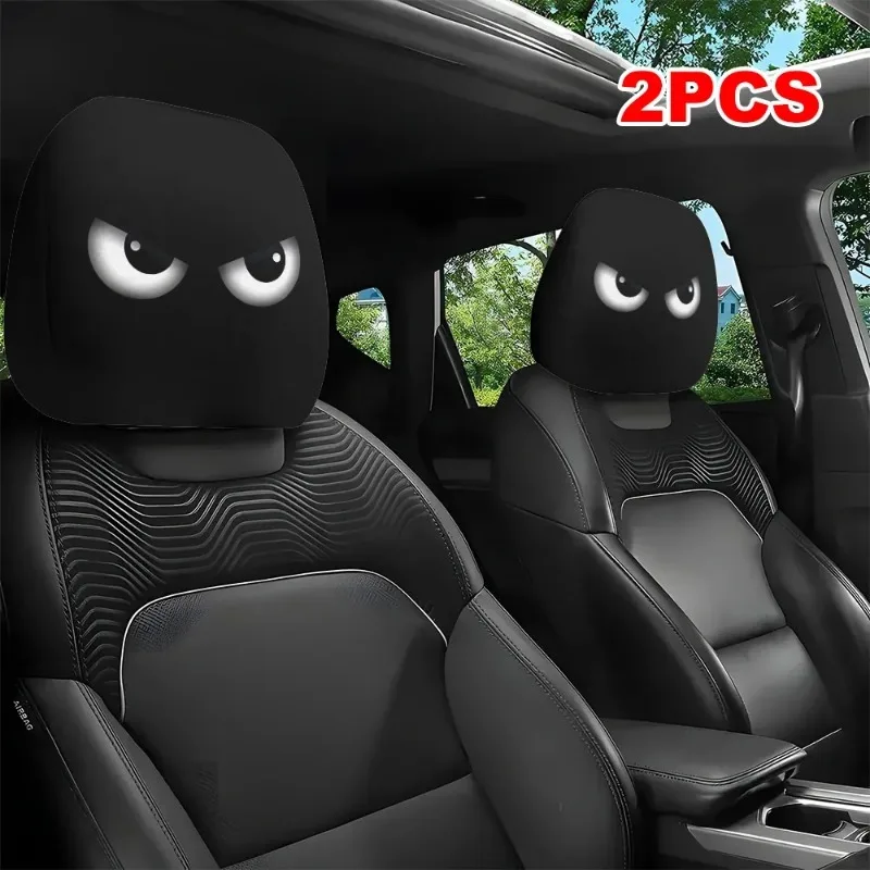 2 Stück Lustige Schräg Augenzugend Blickende Cartoon-Druck Auto-Kopfstützenbezüge für Halloween Weihnachten Feiertage Auto-Innendekoration Image