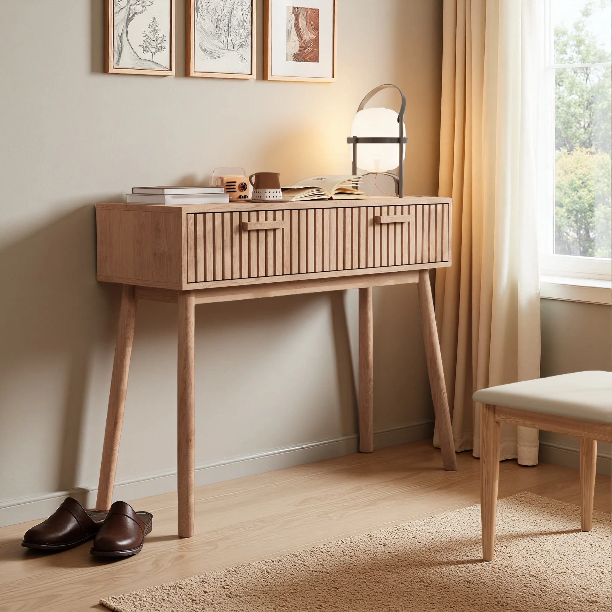 Lazyspace Dekorativer Konsolentisch, Holz-Aufbewahrungsschrank für den Eingangsbereich, mit 2 Großen Schubladen & 4 Stützbeinen, für Eingang, Wohnzimmer