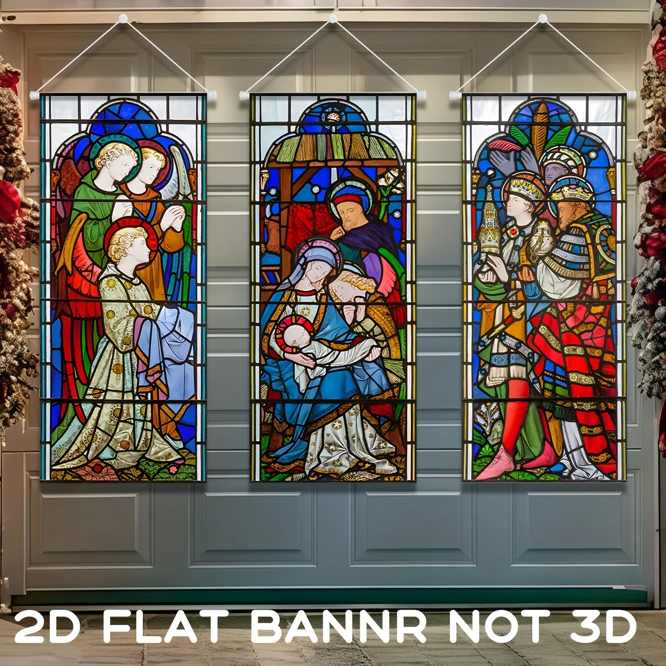 2D-Flachbanner, 3-teilig, Weihnachtsfeier-Banner, Weihnachtsfenster, haftend, Krippendekorationen, wiederverwendbar, Vinyl, religiöser Urlaub und Doo Image
