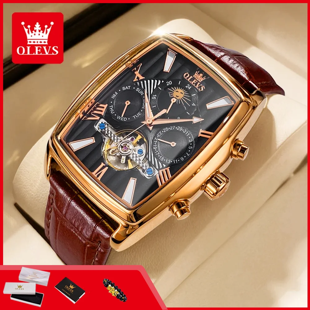 OLEVS 6675 Original Automatische Herrenuhren Luxusmarke Tourbillon Tonneau-Zifferblatt Ausgehöhltes Schwungrad Mechanische Armbanduhr für Männer Image