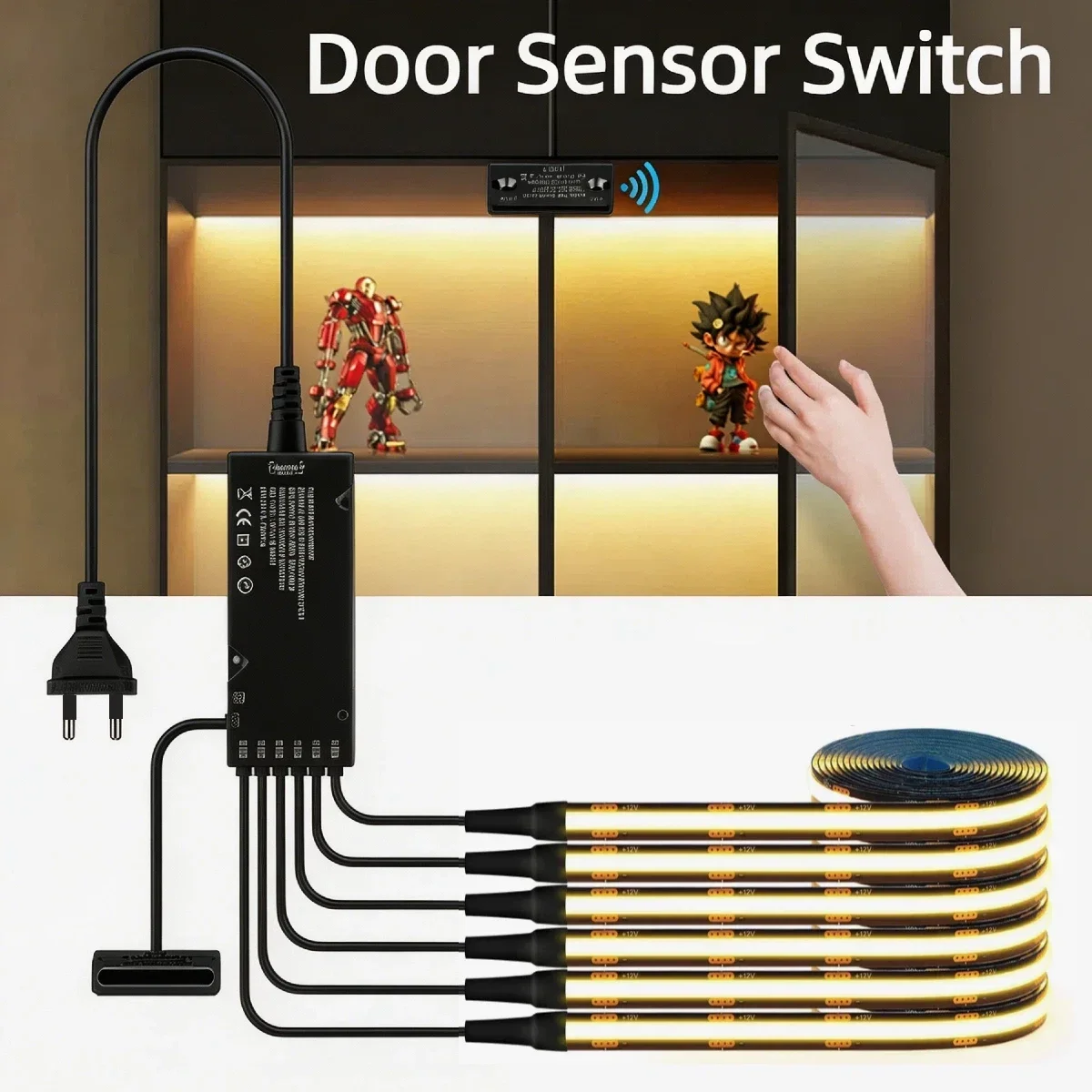 1-10 Stück 12V Schwarze COB LED-Streifen mit Intelligenter Doppeltür-Sensor-Schalter Schrankbeleuchtungs-Set für Küche Unterbauleuchten Kleiderschrank