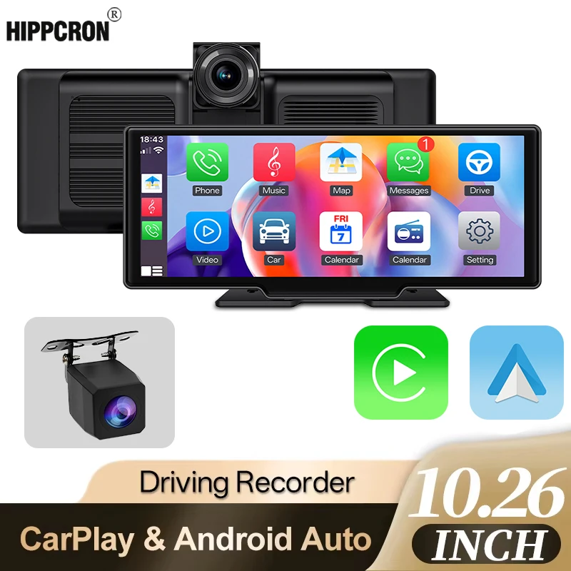 Hippcron 10,26 pouces, autoradio CarPlay Android Auto, caméra embarquée, écran tactile ADAS, DVR, navigation, enregistreur vidéo de tableau de bord avec caméra