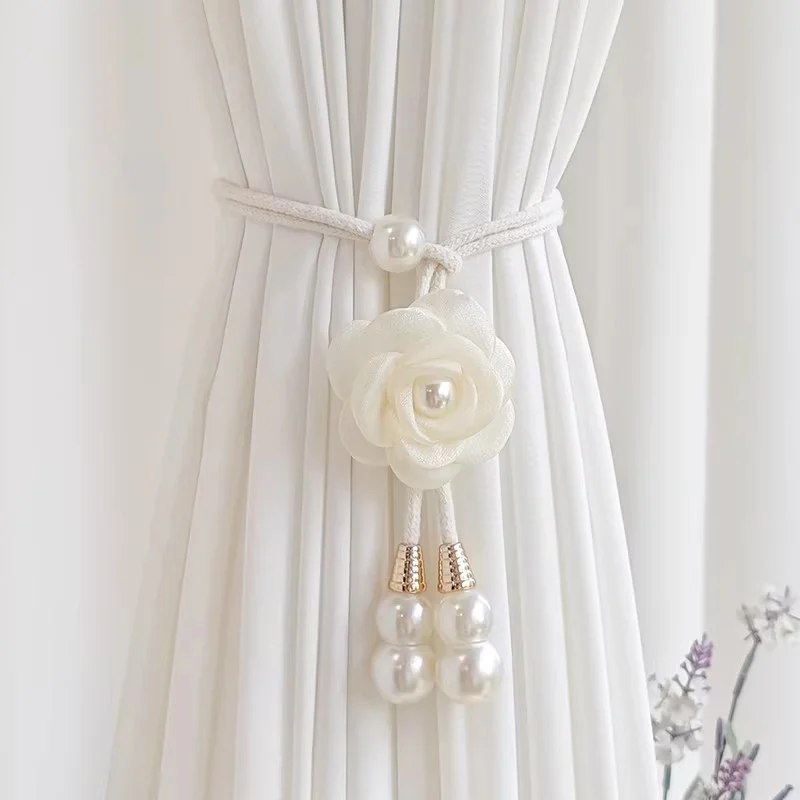 Eleganter Rosen-Perlen-Vorhanghalter, 1 Paar Luxuriöse Beige Stoff-Blumen-Vorhangbinder, Moderner Minimalistischer Vorhanghalter für H
