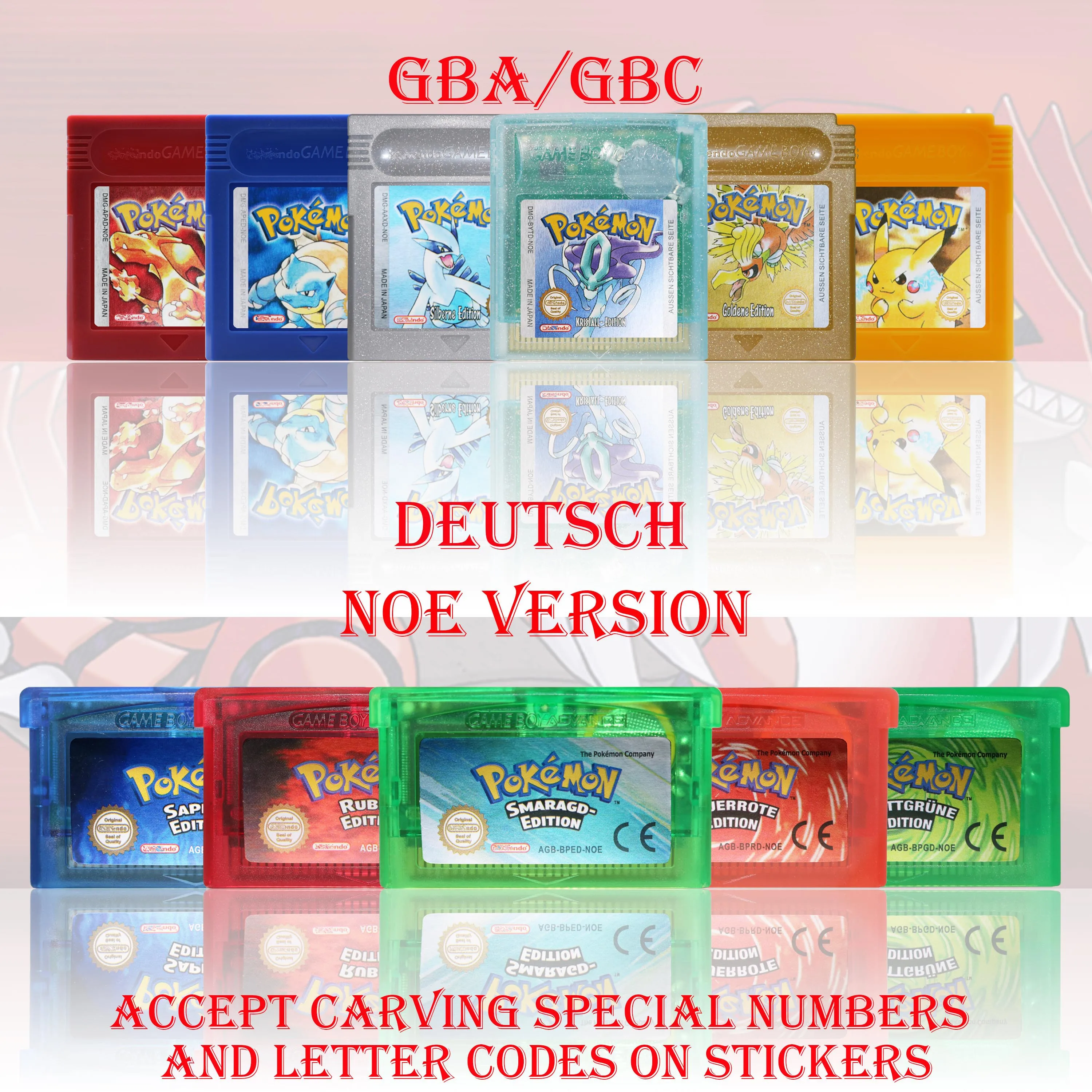 GBC/GBA NOE Version Pokemon Kristall/Smaragd/Feuerrote/Blattgrune/Rubin Game Cartridge Video Game Card High Quality With Battery