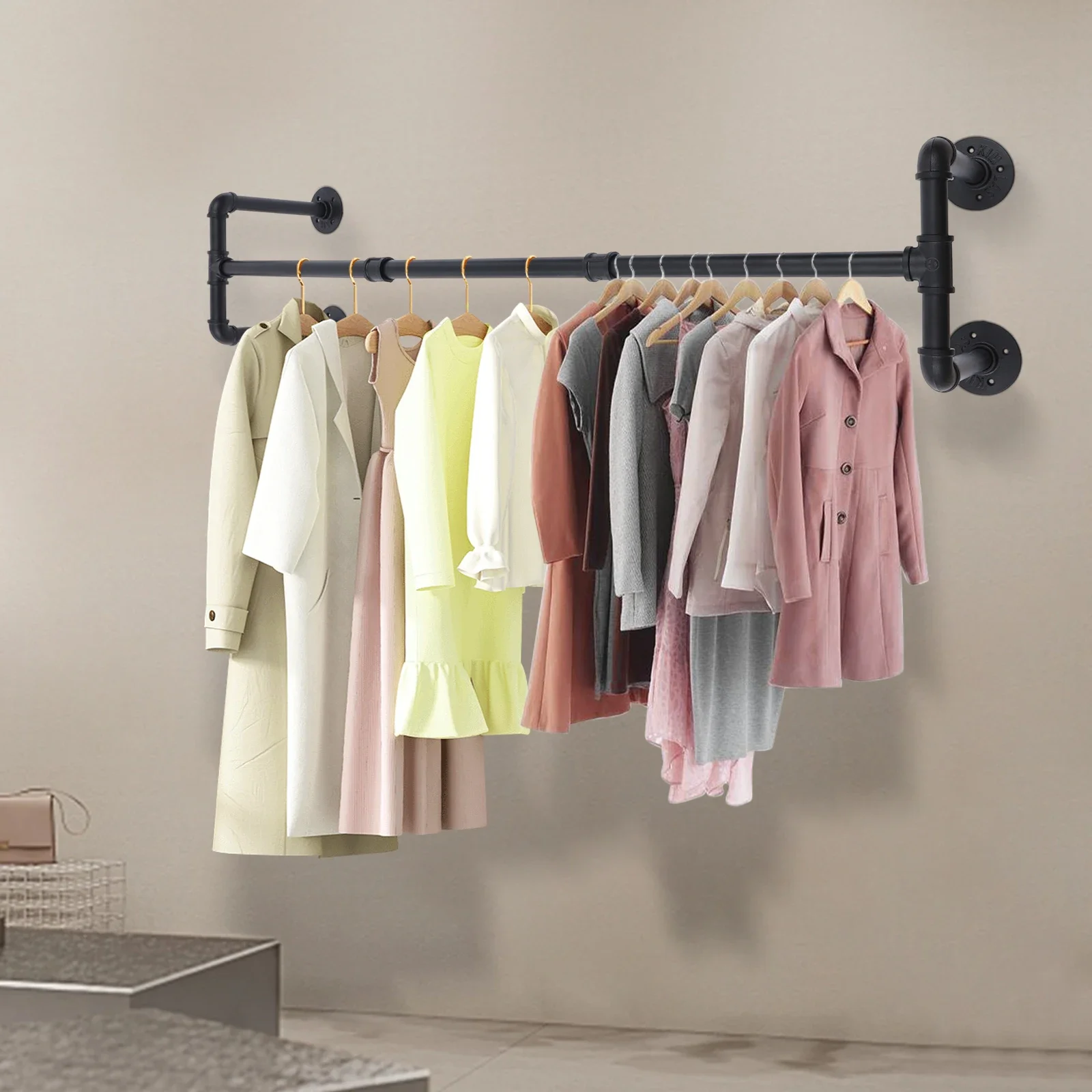 NEUESTE Kleiderstange, Industrielle Rohr-Garderobe zur Wandmontage, Kleiderstange, Eisen-Industrierohr-Garderobe, 35-40 kg, Schwarz