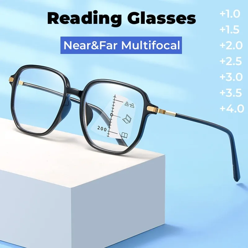 Progressive multifokale Lesebrille, Anti-Blaulicht-Presbyopie-Brille, Nah- und Fernsichtbrille, Hyperopie-Dioptrien bis +4,0 Image