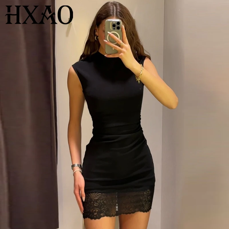 HXAO Mini Rüschen-Spitzenkleider Damenkleid Sommer 2026 Sexy Schwarz-Lila Kleid Korsett Elastischer O-Ausschnitt Ärmellos Schlanke Passform Vestidos
