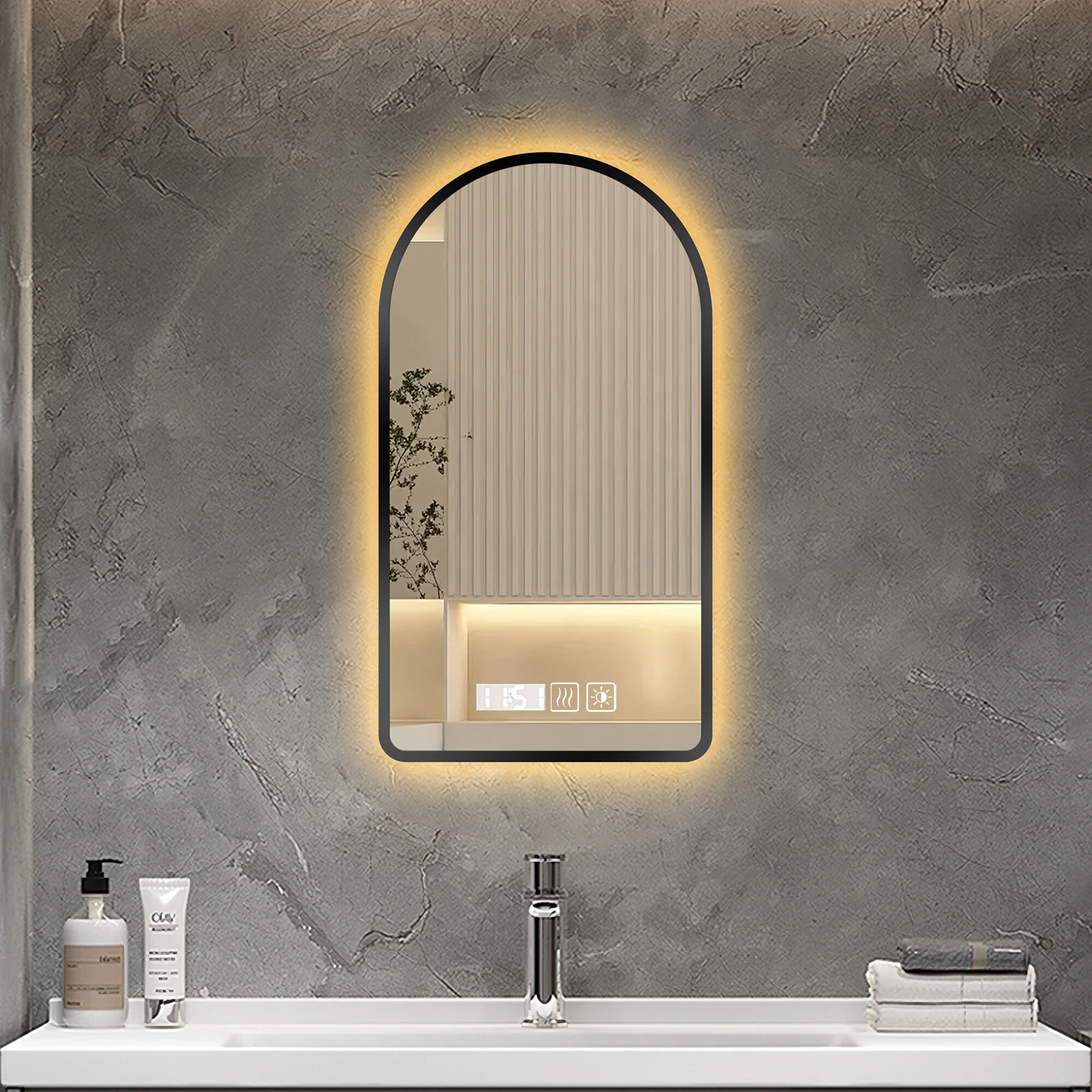LED-Badezimmerspiegel mit Antibeschlag-Funktion, Dimmbarer 3-Farben-Beleuchtung & Touch-Steuerung, Wandmontierter Schminkspiegel mit Schwarzem Rahmen Image