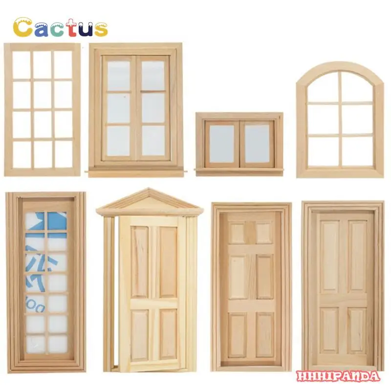 Multi Arten Puppenhaus Miniatur Holz Externe Einzelne Tür Holz Fenster Rahmen DIY Zubehör Puppe Haus Möbel Spielzeug