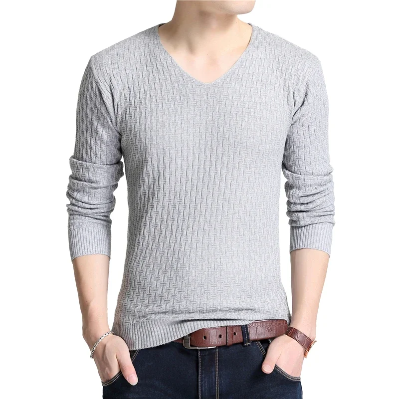 TFETTERS Simple automne nouveau T-shirt à manches longues pour jeunes hommes col en v pur à manches longues mince chandails mince pulls tricotés