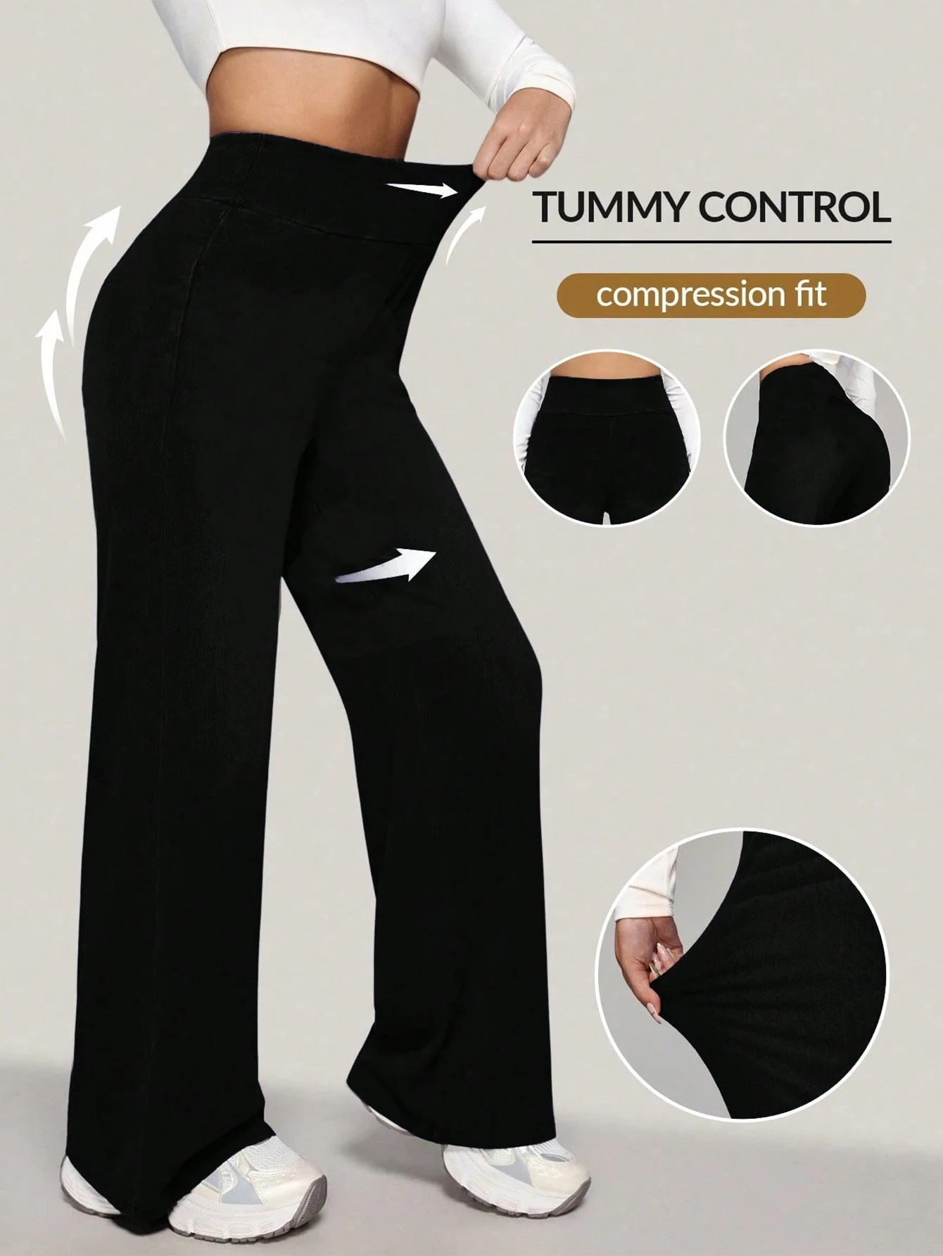 Damen Schwarze High-Waist Weite Hose mit Bauchkontrolle Kompressionspassform Hochelastische Yoga Casual Tägliche Workout-Hose