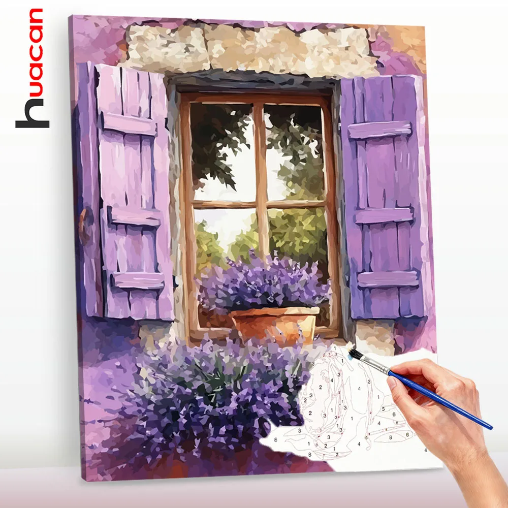 Huacan Digitales Ölgemälde Fensterbank Lavendel DIY Malen nach Zahlen Handgemaltes Kunstbild Kunsthandwerk auf Leinwand-Sets ﻿ ﻿ ﻿ Image