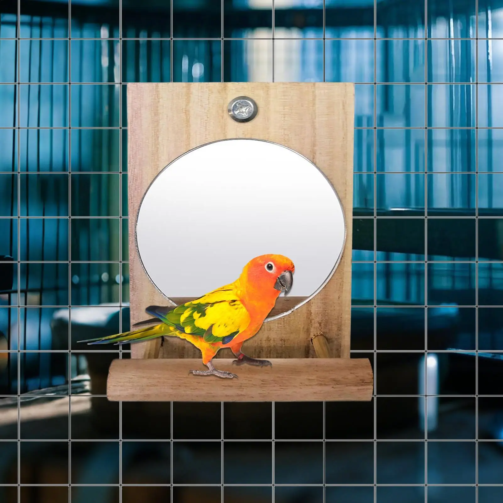 Spiegel für Sittiche im Käfig, Papageien-Spiegel, Vogelspielzeug, Holzständer, interaktives Kauspielzeug, Haustierbedarf für Nymphensittiche, Kanarienvögel, Papageien Image