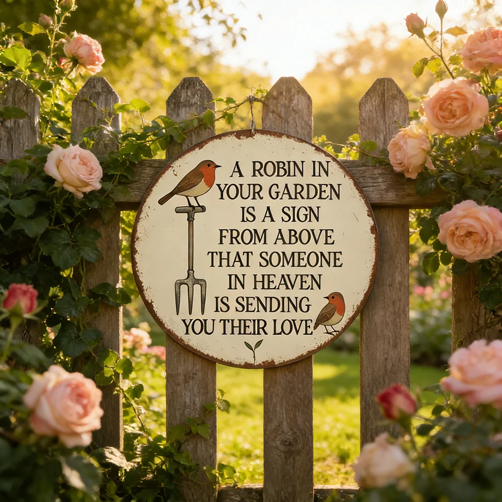 Vintage “The Robin in Your Garden” Metal Sign, Rustic Ornament for Garden Decor, 8x12 Inch