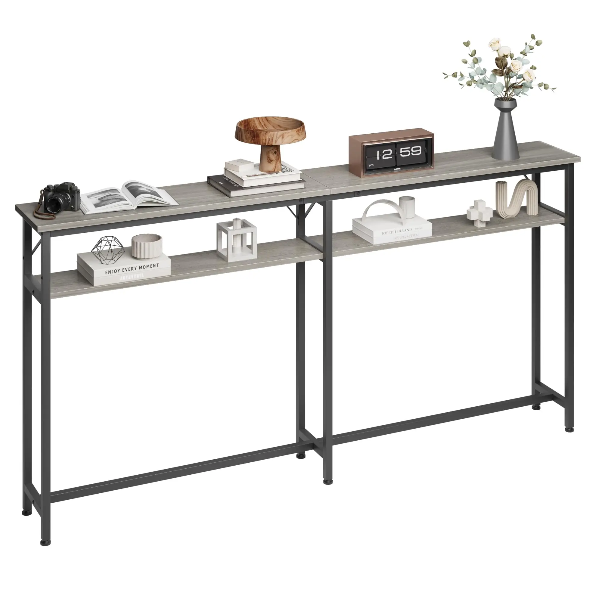 Schmaler Sofatisch, zweistöckiger Flurtisch mit Ablagefächern, Beistelltisch im Industriestil für Wohnzimmer und Büro, 180 cm la Image