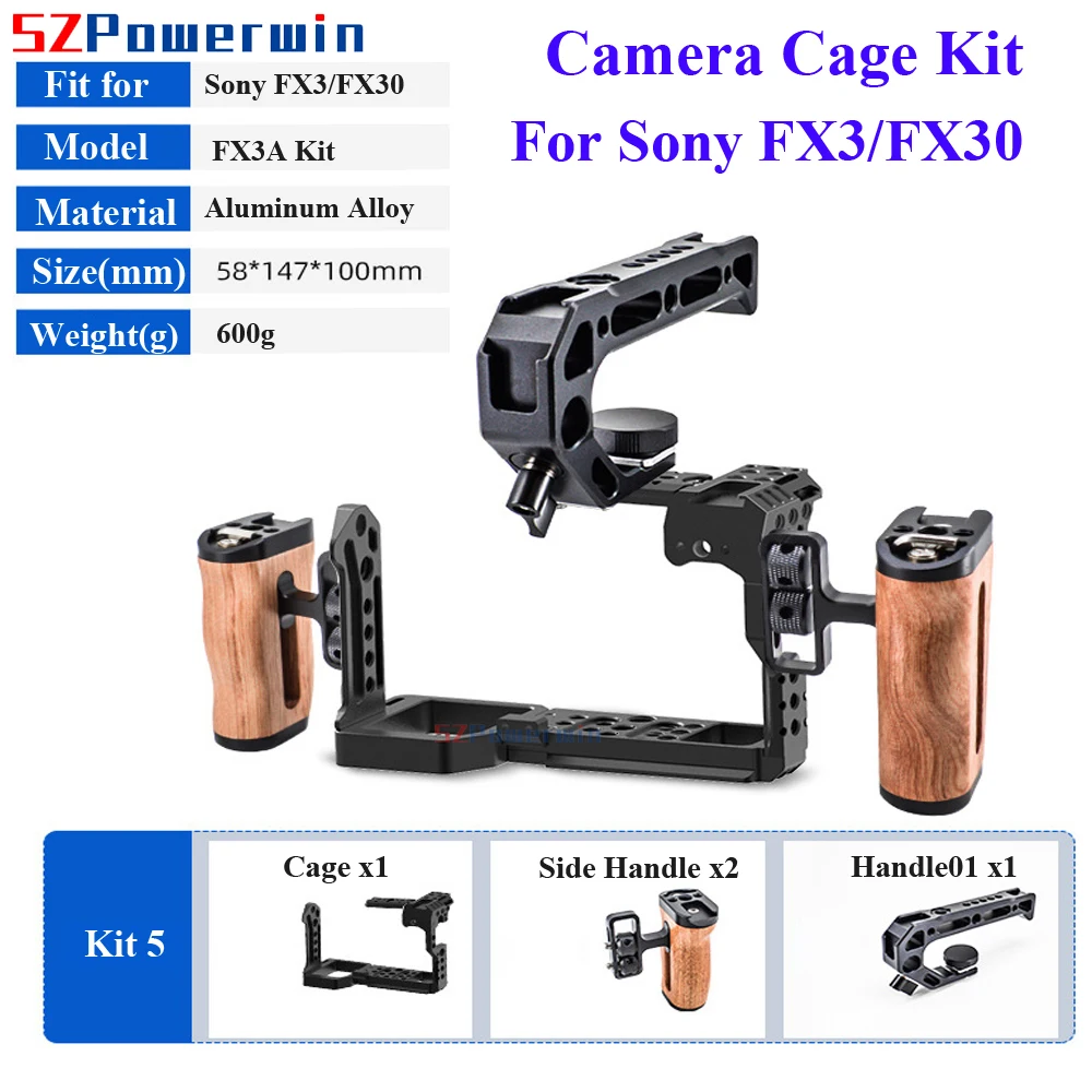 Powerwin Für Sony FX3 FX30 Kamerakäfig mit Holzgriff Kit Schutz Rig Rahmen Gimbal Aluminiumlegierung Arri Positionierungsschraube Image