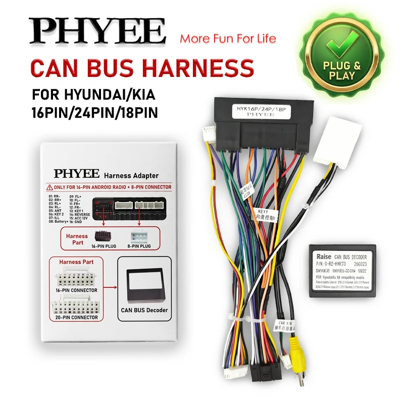 16-Pin/24-Pin/18-Pin Kabelbaum mit CAN-Bus-Decoder für Hyundai Elantra Kia Sportage, Unterstützt SWC, Plug & Play, 16-Pin Android-Adapter Image