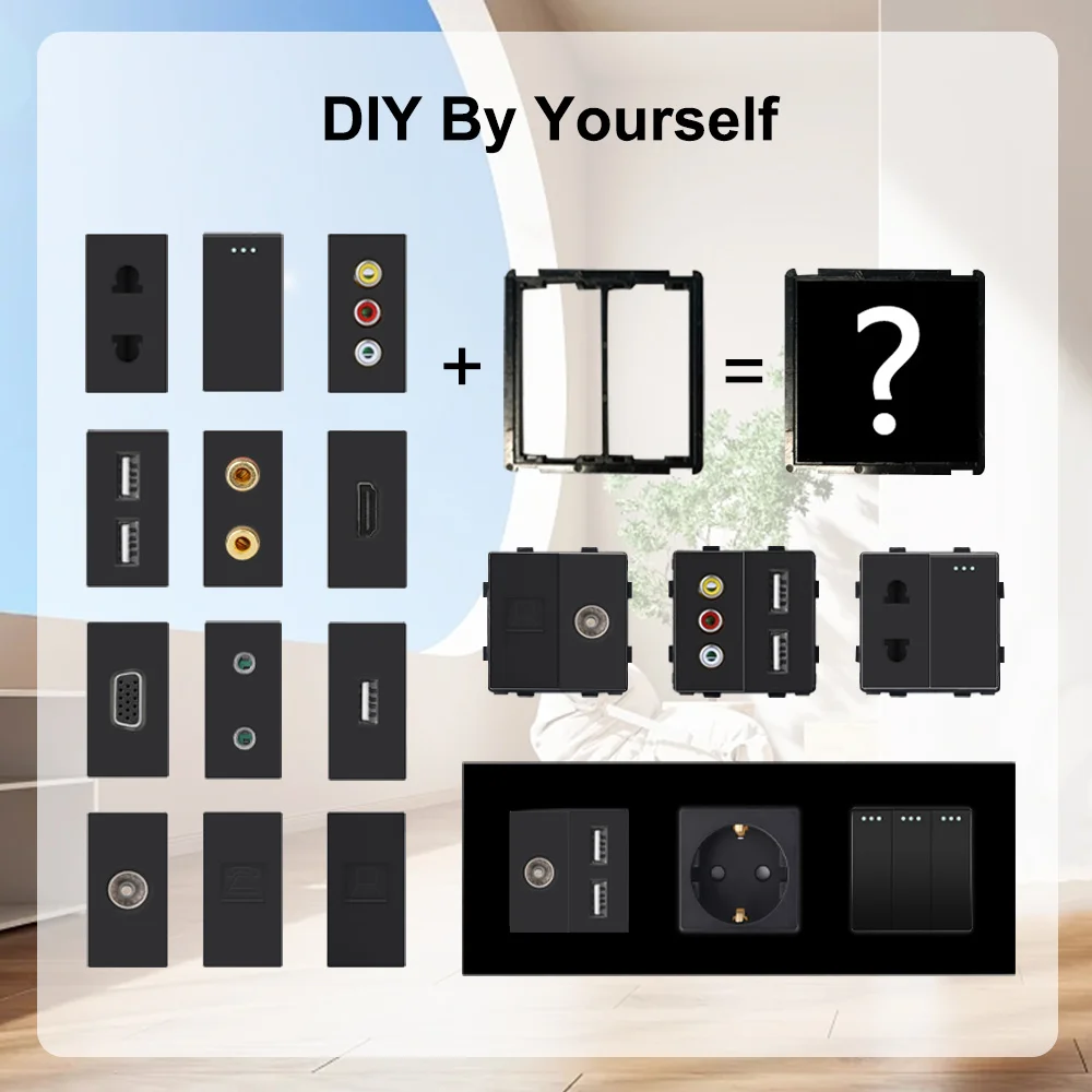 TAWOIA Schwarzes DIY-Wandplattenmodul 1-fach Schalter mit TV-Satelliten-USB, CAT6, RJ45, HDMI, VGA, 3,5mm Kopfhöreranschluss und 2-Pin-Buchse Image