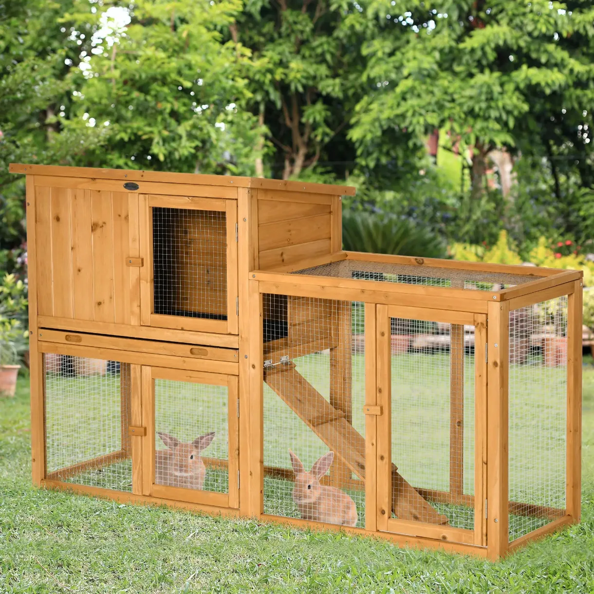 Kaninchenstall Kleintierhaus 141x60x86cm, Herausnehmbare Schublade & Rampe, Tannenholz für Innen und Außen, Orange Image