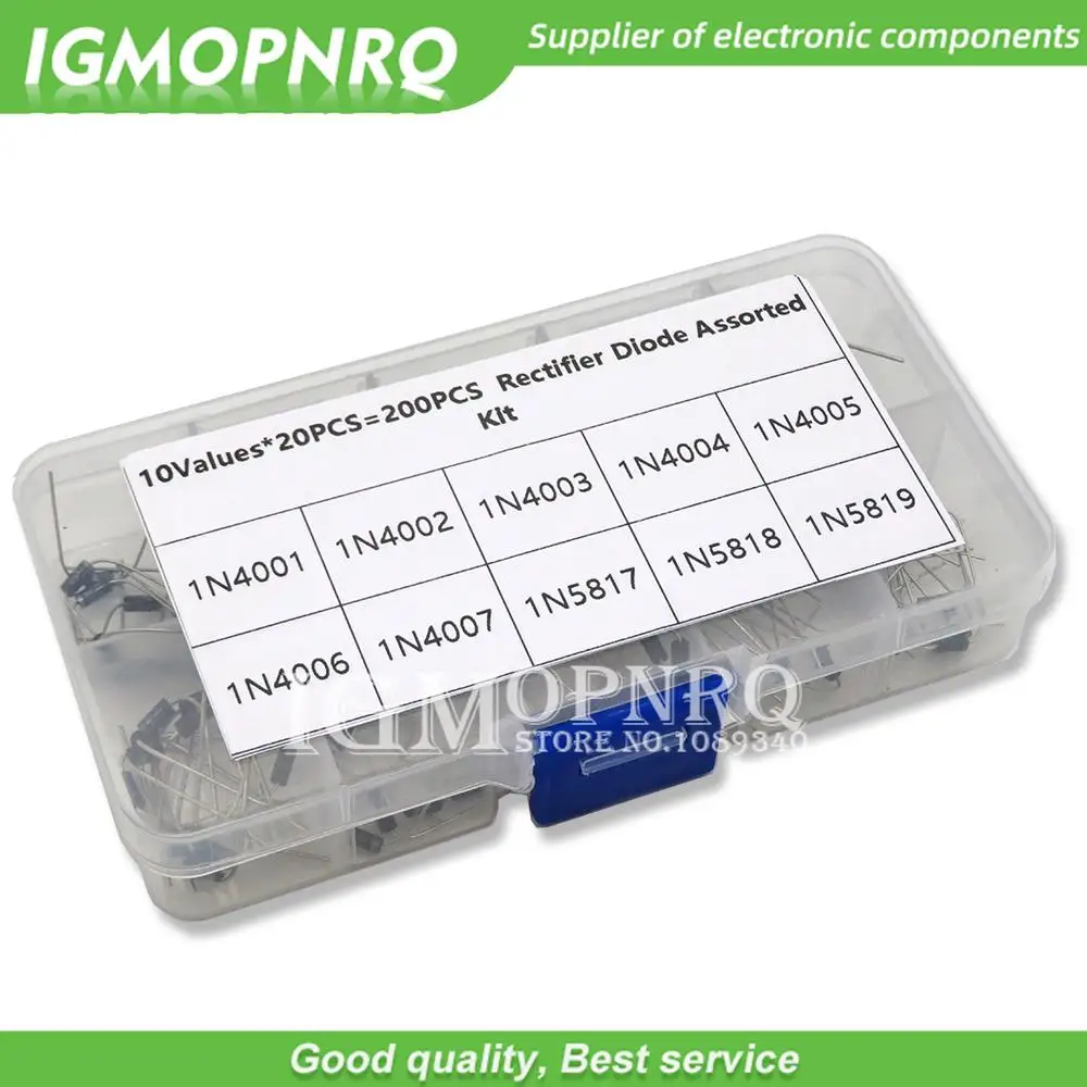 100 Stück 10 Werte Gleichrichterdioden-Sortiment-Set 1N4001 1N4002 1N4003 1N4004 1N4005 1N4006 1N4007 1N5817 1N5818 1N5819 mit Box Image