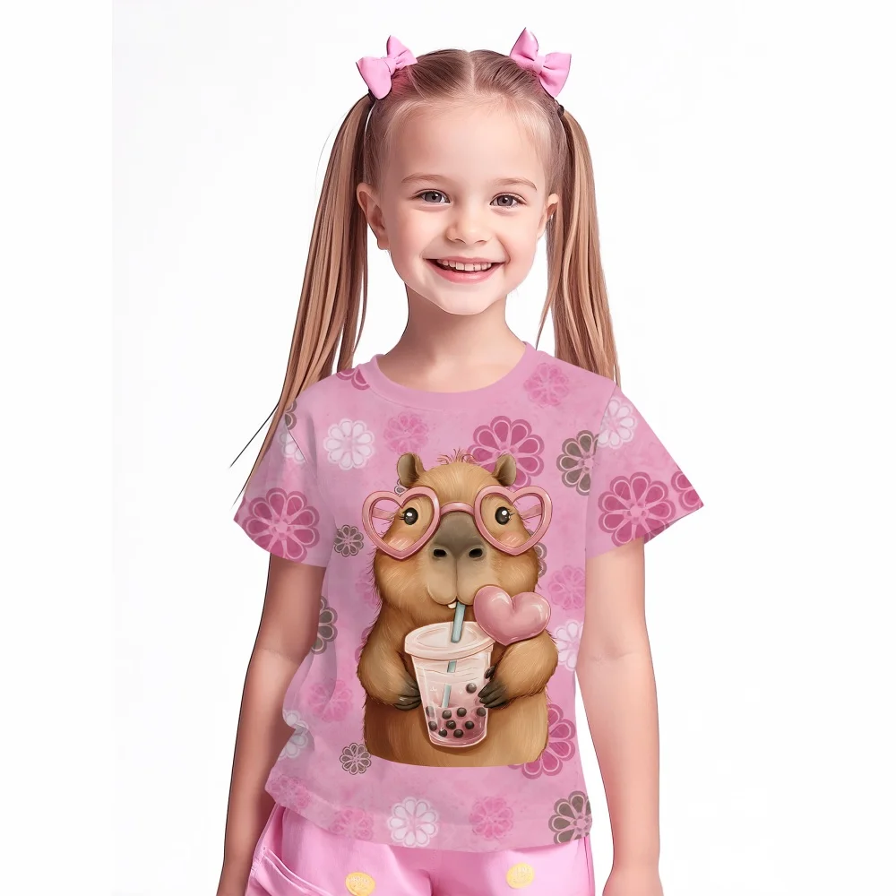 2026 Kinderkleidung Niedlicher Capybara-Druck Bequemes O-Neck T-Shirt Outdoor-Mode Kurzarm Kinderkleidung Mädchen Oberteile Image
