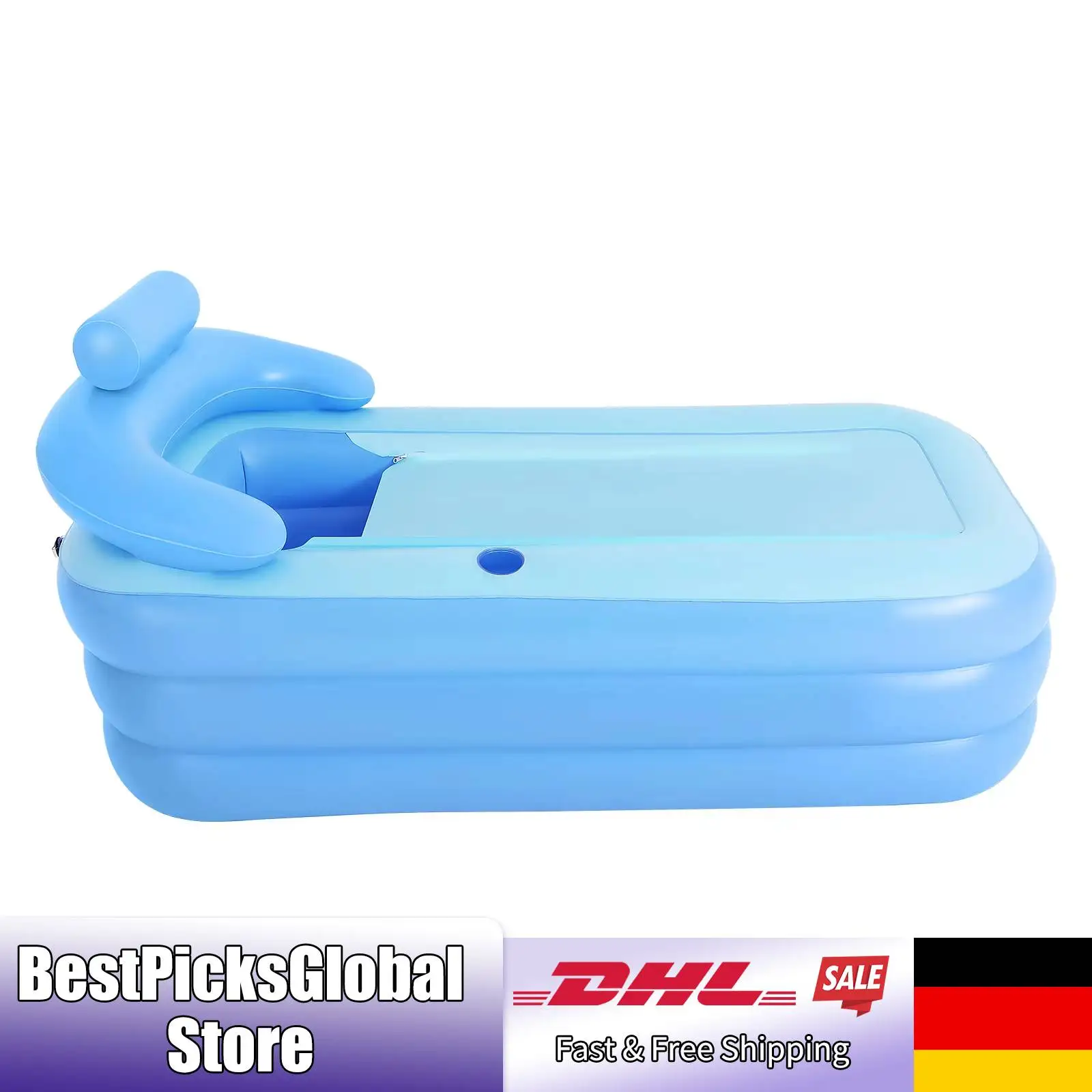 160*84*64cm Faltbare Badewanne, Aufblasbare Badewanne mit Sprudelmatte zur Entspannung, Blau, Tragbare Einweichwanne für Zuhause Image
