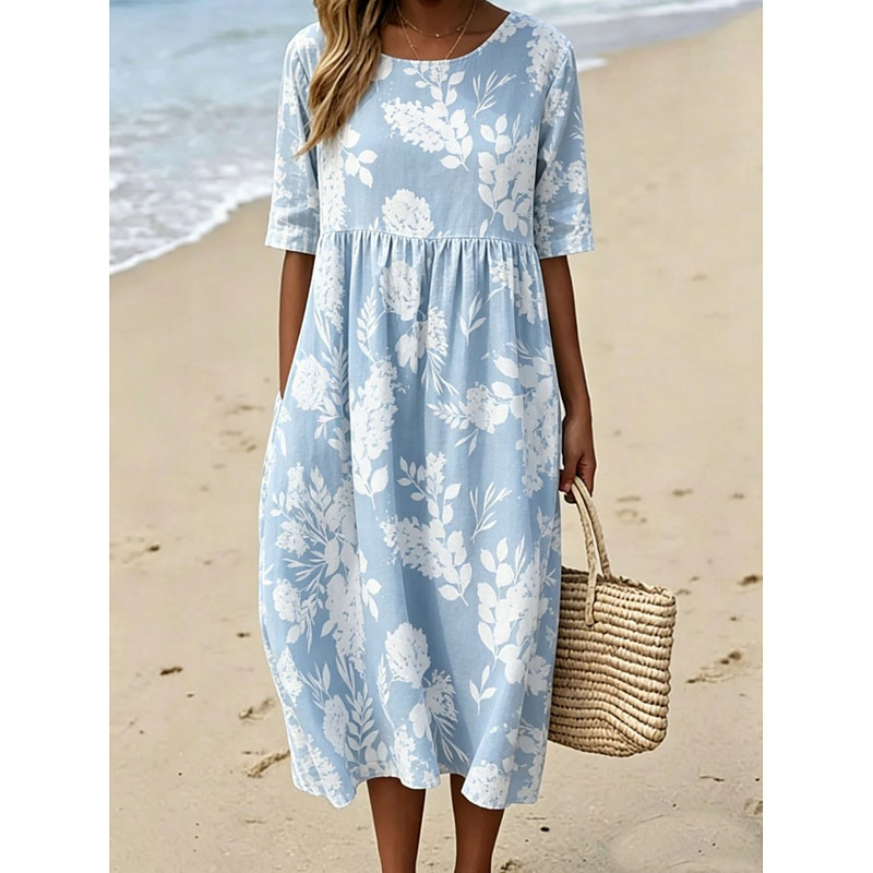 Women's Midi Dress Sheath Dress T Shirt Dress Tee Dress A Line Dress Summer Dress Vacation Casual Boho Daily Summer Dress Spring Dress Loose Fit Floral Graphic Short Sleeve Crew Neck Sky Blue Gray