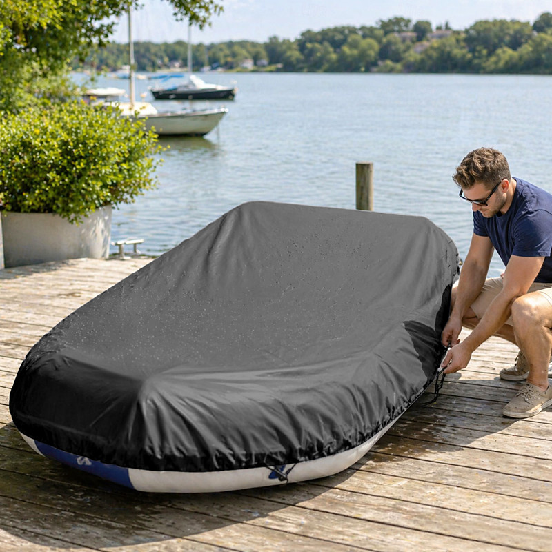 Kayak Rubber Boat Cover Waterproof UV Sun Dust Protection Inflatable Boat Dinghy Cover Storage Fit 12-17ft Boat Protection Cover Black S Length 380cm
