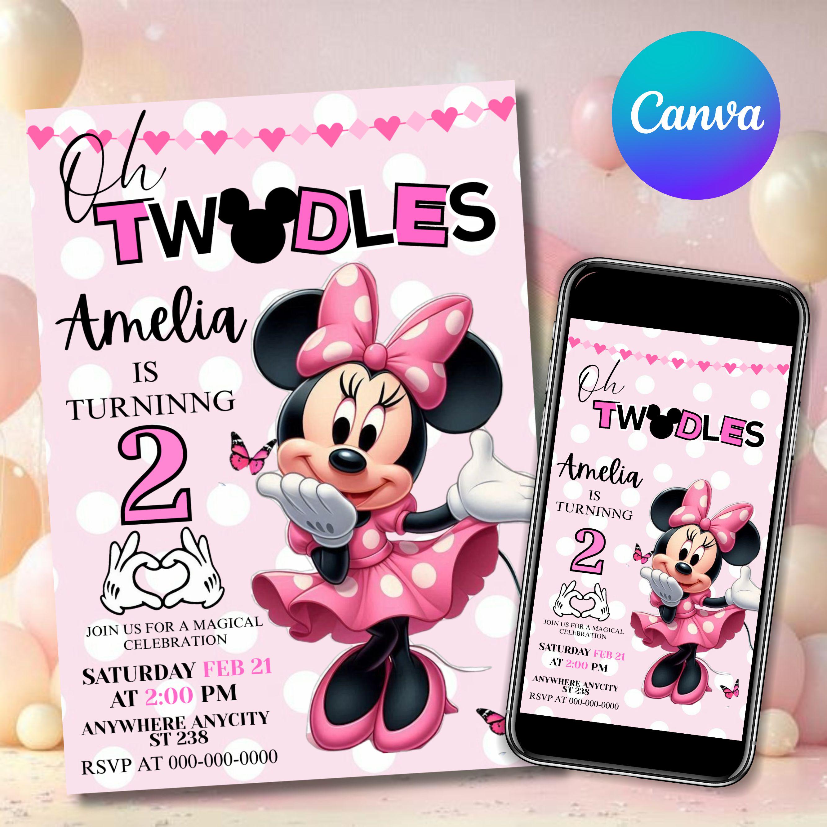 Invito di compleanno Oh TWOdles, Invito Oh Twodles, Modello di invito Boho Minnie, Invito per il secondo compleanno con un topolino carino, Modello Ca