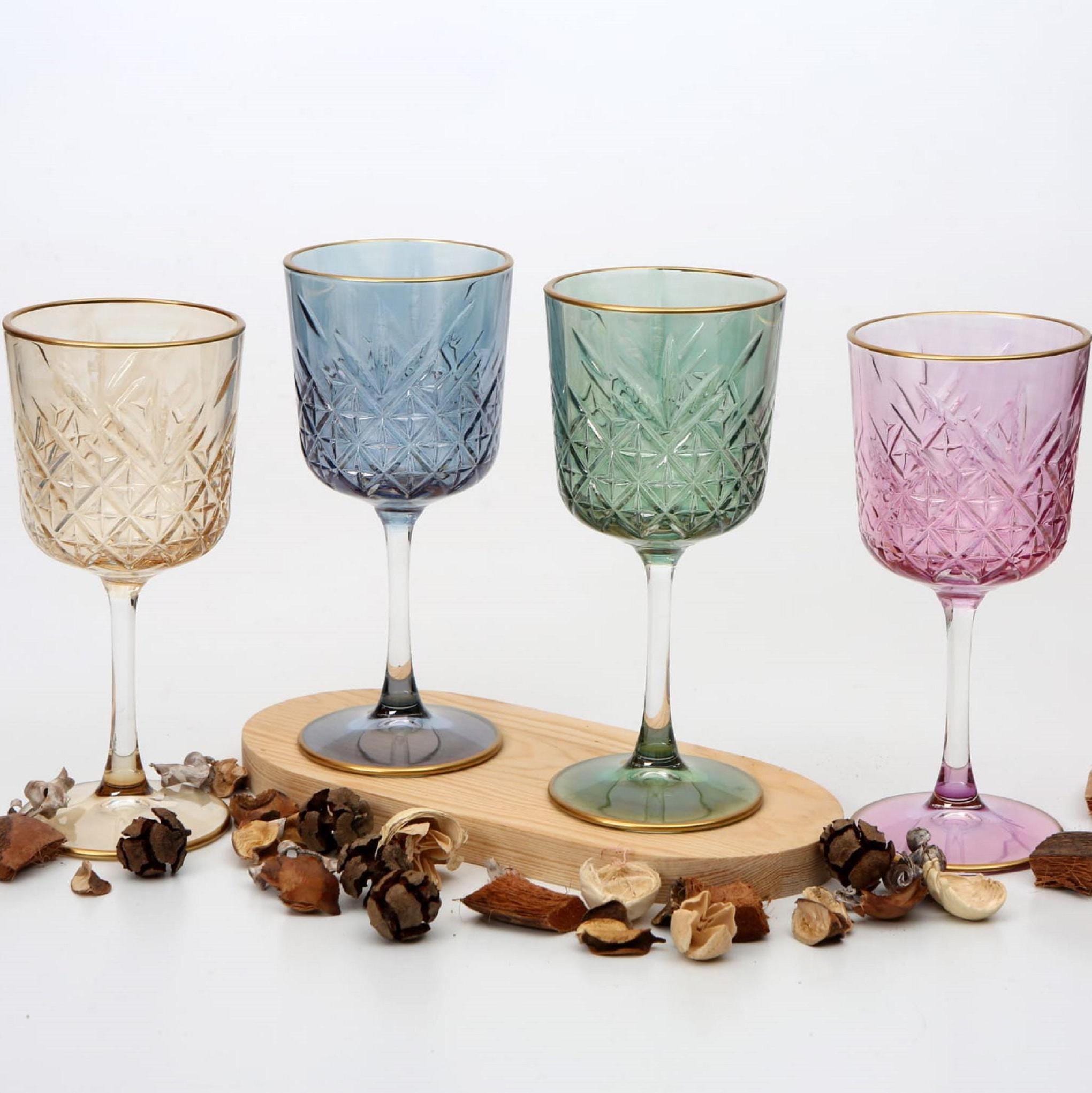 Set di 4 bicchieri da vino colorati, bicchieri da vino vintage con bordo dorato, set di bicchieri da vino con stelo unici, bicchieri da matrimonio, re