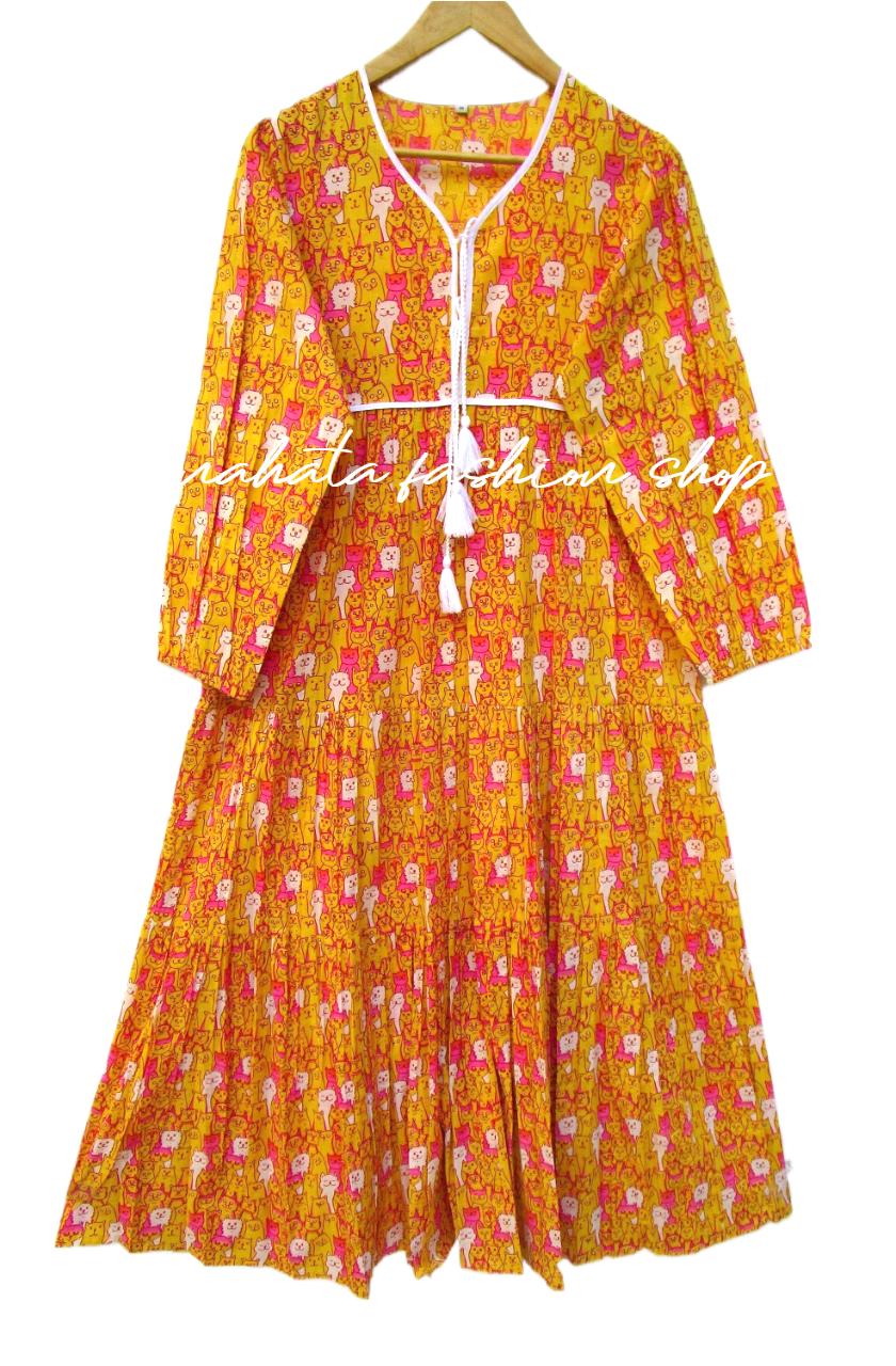 Abito lungo in cotone con stampa animalier - scollo a V con nappa, abito lungo estivo casual - abito indiano a maniche lunghe