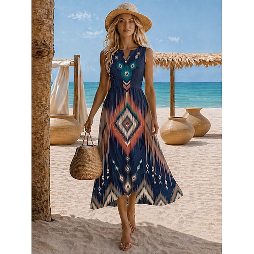 Damen Midikleid Sommerkleid Urlaub Strand Normale Passform Blumen Ärmellos V Ausschnitt Blau Gelb Purpur Sommer Frühling Image