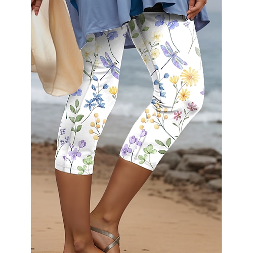 Damen Caprihose Chinos Leggings Urlaub Mode Streetwear Capris Hohe Taille Blumen Grafik Druck Komfort Weich Bequem Dehnbar Täglich Outdoor Urlaub Weiß Gelb Purpur Sommer Frühling Herbst Schmale Image