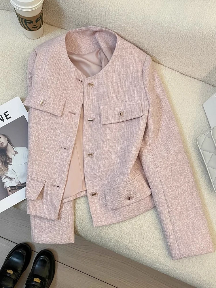 Elegante Rosa Blazer für Damen mit Langen Ärmeln, Knöpfen und Französischem Stil - Büroanzug-Jacken für Frühling mit Leichtem Duft und Schlichtem O-Ausschnitt Image