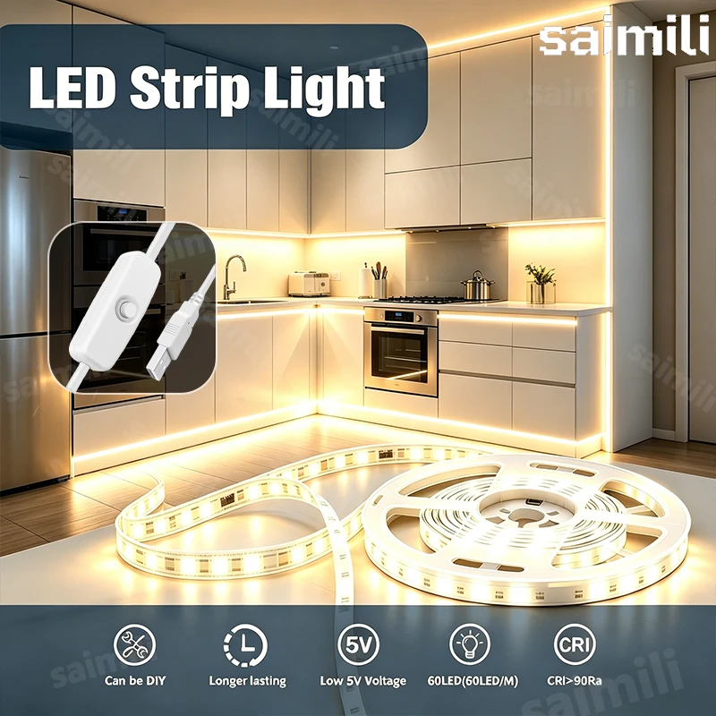 5V USB LED-Streifen SMD 2835 mit Tastenschalter Küchen-TV-Hintergrundbeleuchtung Zuschneidbares Flexibles LED-Band Unterbauleuchte