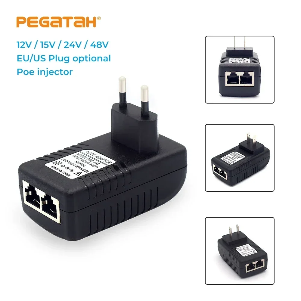 PEGATAH 100Mbps Passiver POE-Injektor 12V2A/15V1A/24V1A/48V0,5A Ausgang für POE-Kamera POE-Adapter für IP-Kamera AP Image