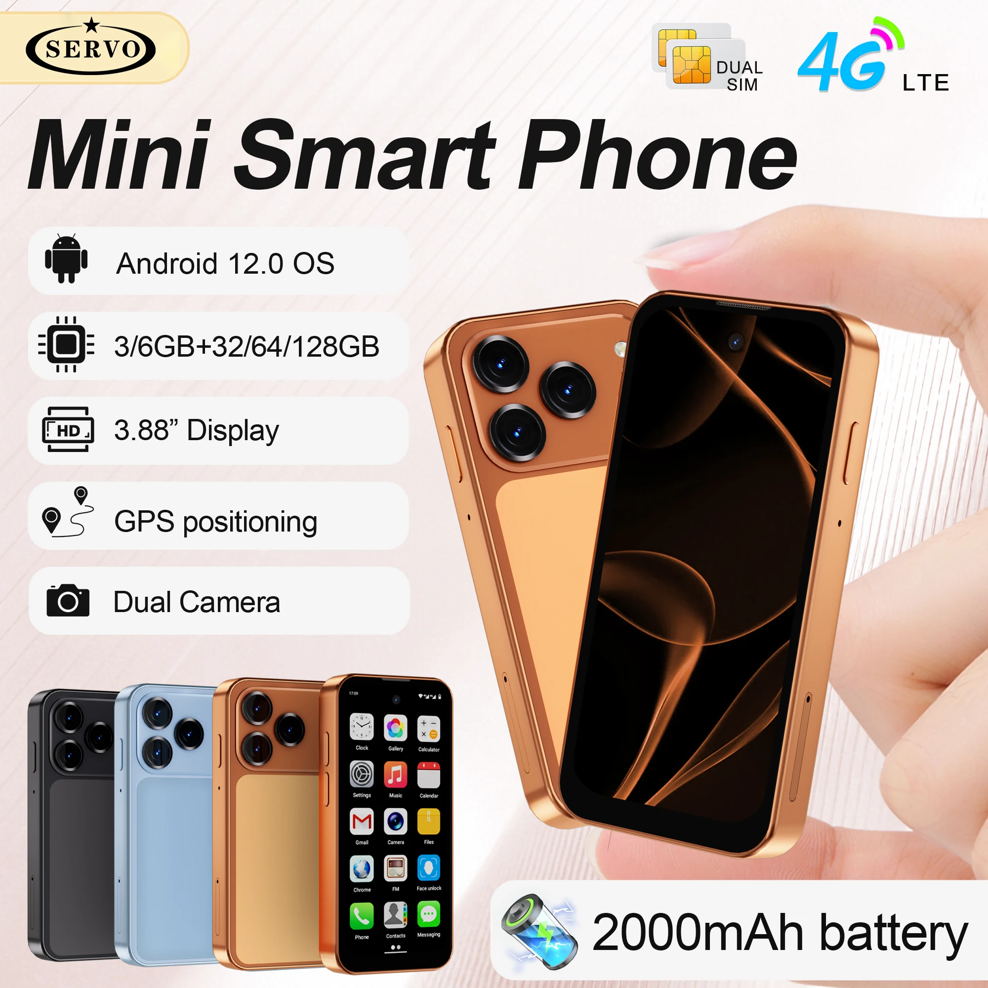 SERVO 4G LTE Mini-Smartphone 3,88 Zoll Display 6GB+128GB Dual-SIM-Standby Play Store Android 12 GPS OTG 2000mAh Kleines Smartphone
