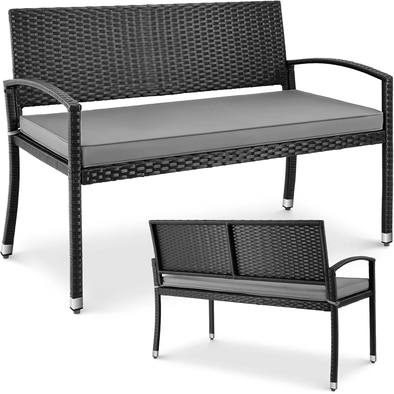 Wetterfeste Gartenbank mit Sitzkissen 2-Sitzer Polyrattan-Bank 320kg Tragkraft, Komfortable Outdoor-Gartenmöbel Bank