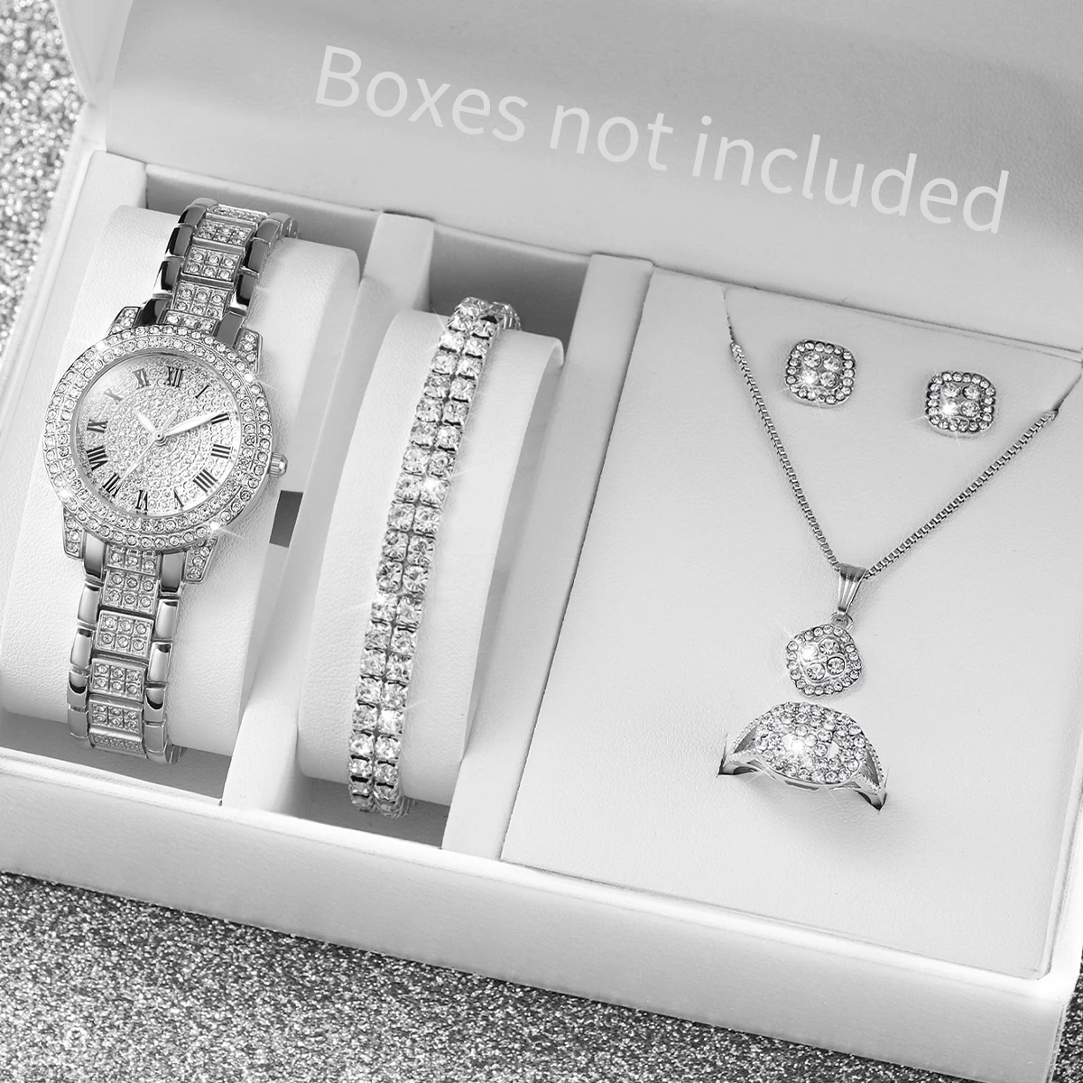 6 Teile/satz frauen Uhr Mode Voller Diamanten Stahl Band Analog Quarz Uhren Schmuck-Set (Ohne Box) Image